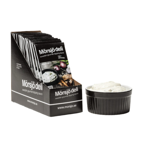 Mörsjö deli gourmet dipmix 24 gram i kapsel tillsammans med färdig dip i skål.