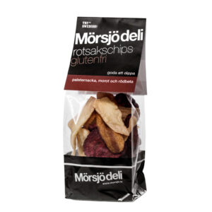 Mörsjö deli rotsakschips 45 gram förpackning. Glutenfria och mjölkfria chips av palsternacka, morot och rödbeta.
