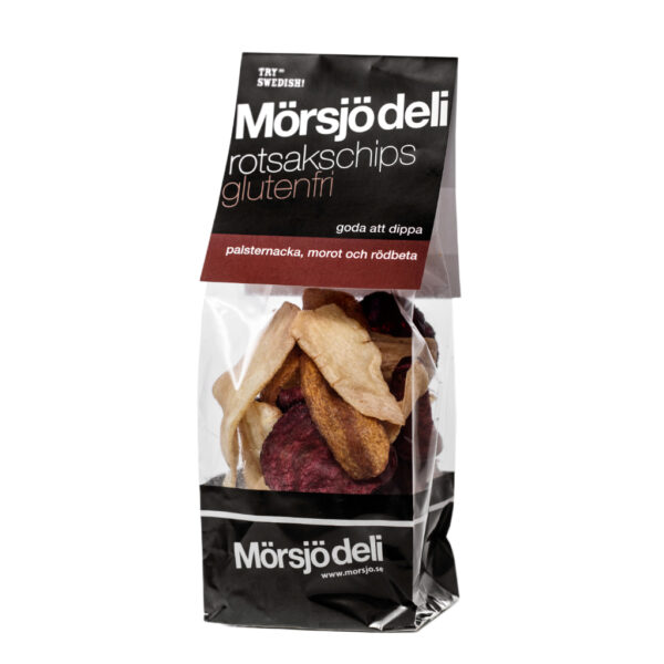 Mörsjö deli rotsakschips 45 gram förpackning. Glutenfria och mjölkfria chips av palsternacka, morot och rödbeta.
