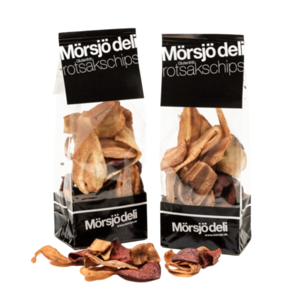 Mörsjö deli rotsakschips 2 x 45 gram förpackning. Glutenfria och mjölkfria chips av palsternacka, morot och rödbeta.